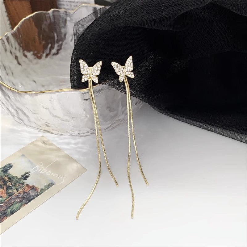 Sier Style Diamond Butterfly Long Fringe Earrings