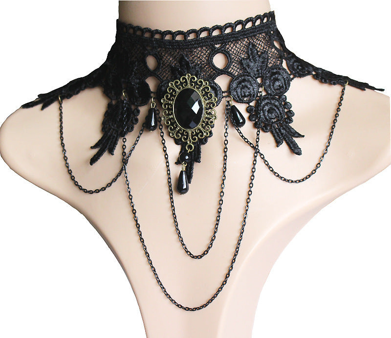 Wide Exaggerated Tassel Party Queen Gem Black Necklace