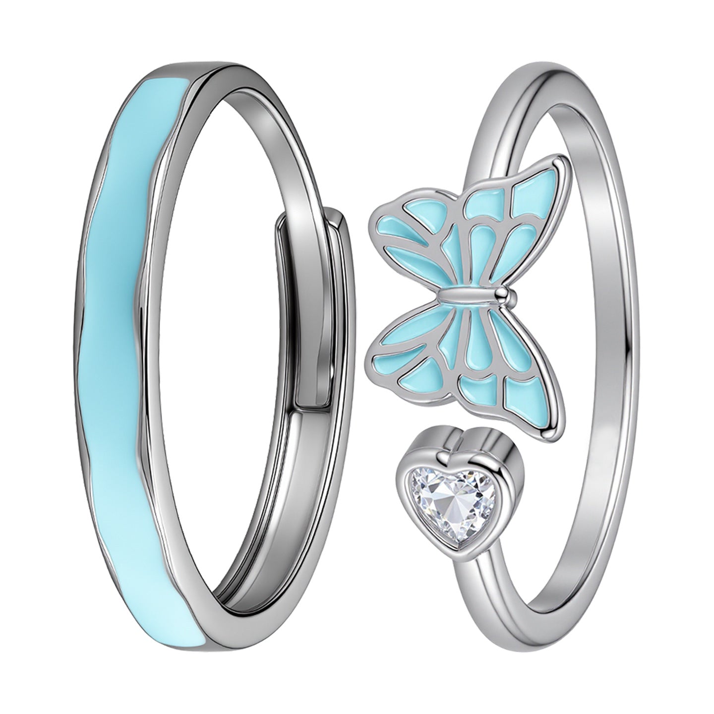 Light Blue Drip Glazed Butterfly Couple Environmental Protection Copper Heart-shaped Ring