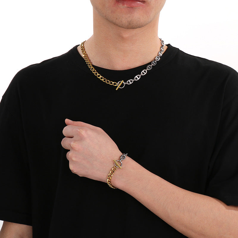 Men's Fashion Trendy Patchwork Double Color Chain Figaro Jewelry Set