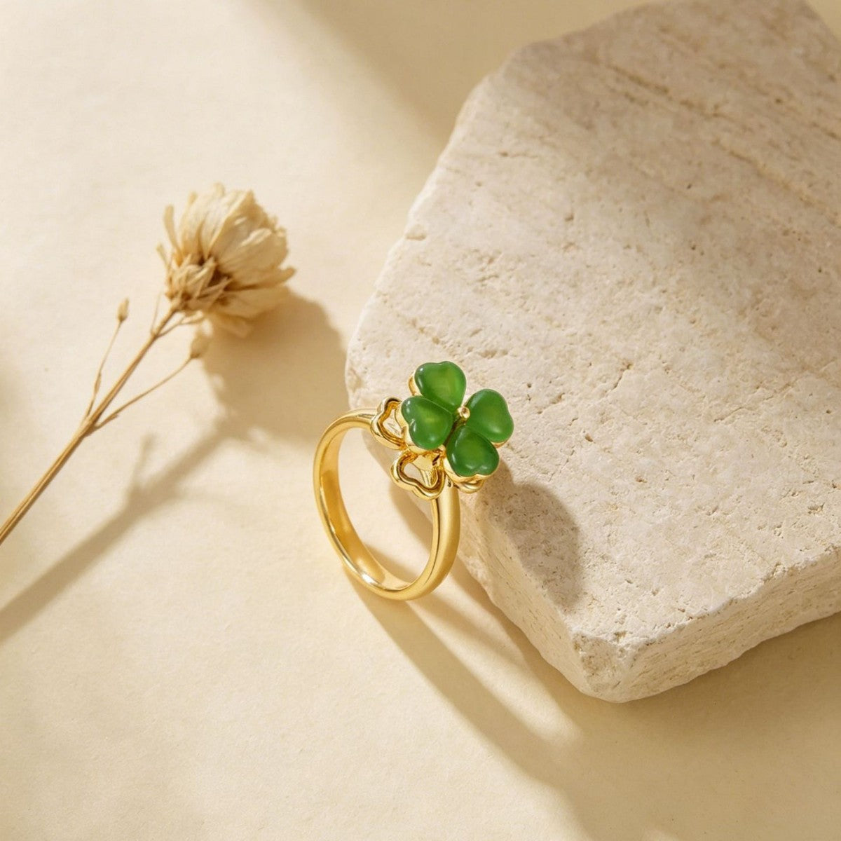 Korean Exquisite Rotatable Green Opal Four-leaf Clover Female Adjustable Ring