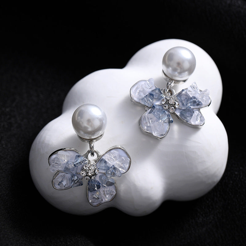 Blue Sweet Bow Pearl Female Graceful Earrings