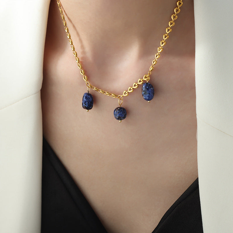 Women's Simple Titanium Steel Gold Plated Natural Lapis Necklaces