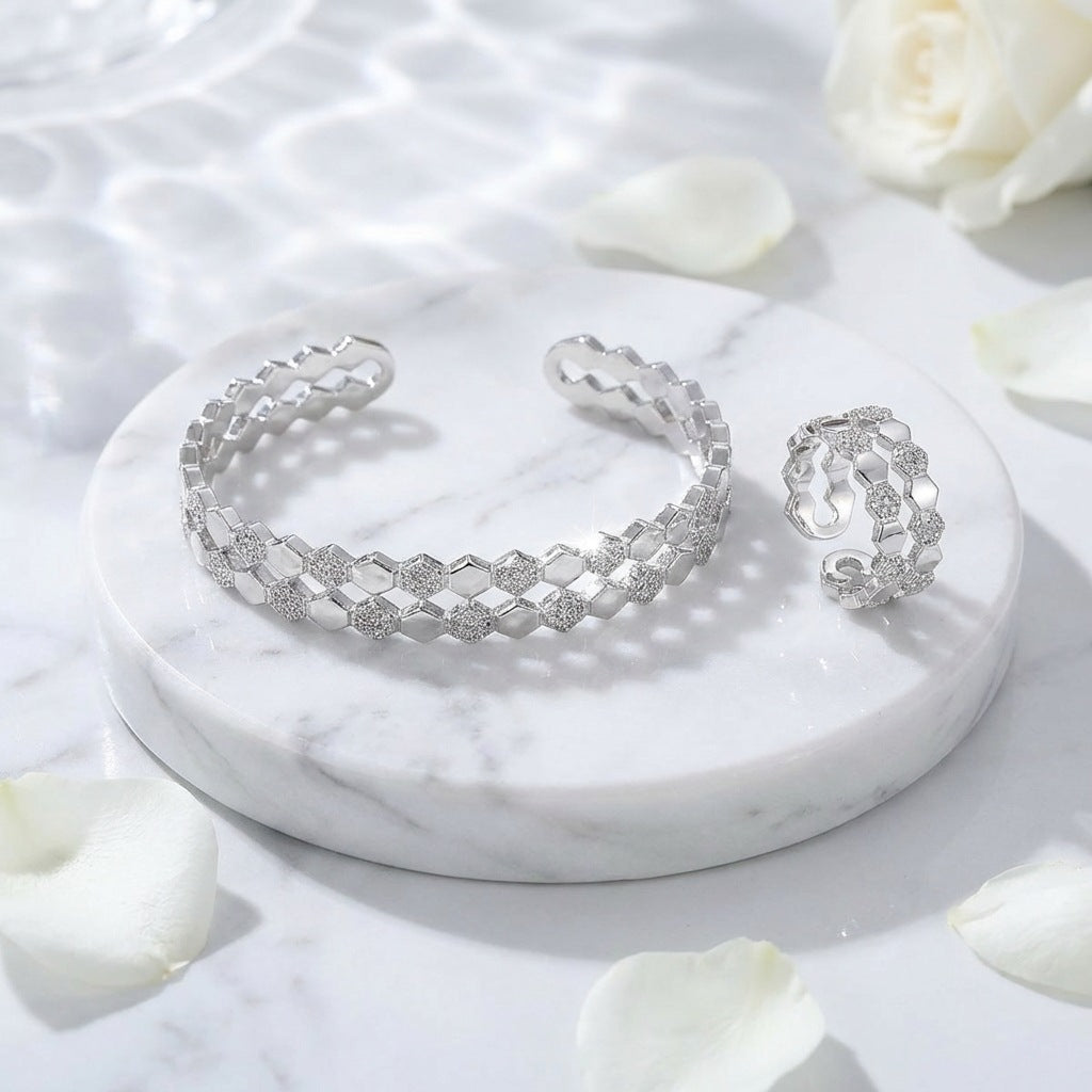 Women's Hexagonal Design Light Luxury Hollow Micro Rings