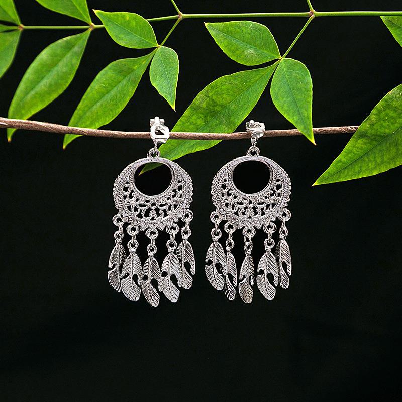 Women's Ethnic Geometric Tassel Ear Clip Miao Sier Retro Elegant Earrings