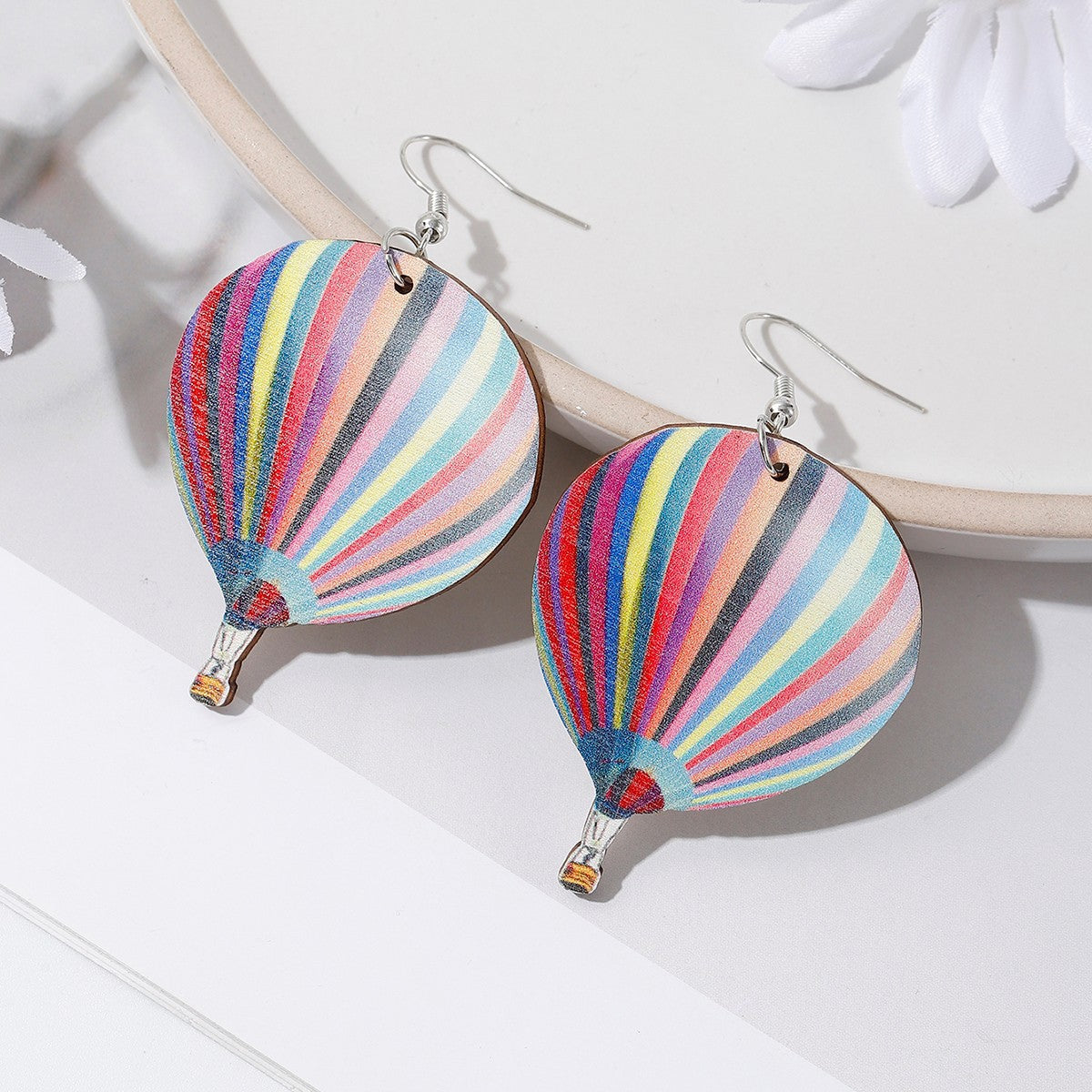 Colorful Hot Air Balloon Wooden Exaggerating Earrings