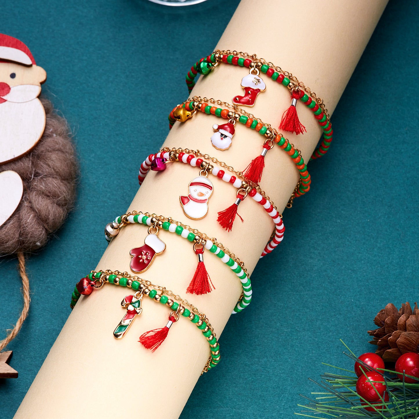 Creative Christmas Holiday Snowman Bell Pendant Tassel Bracelets