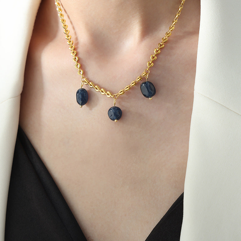 Women's Simple Titanium Steel Gold Plated Natural Lapis Necklaces