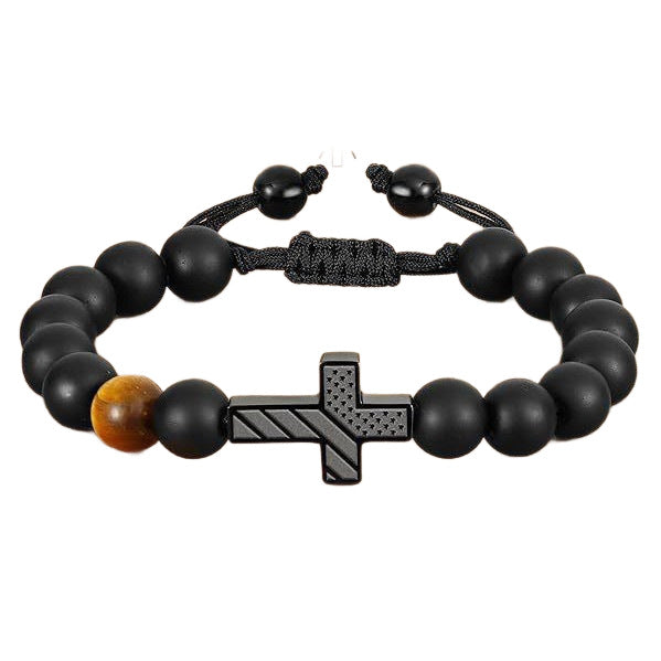 Men's Cross Frosted Tigereye Hand-woven National Flag Bracelets