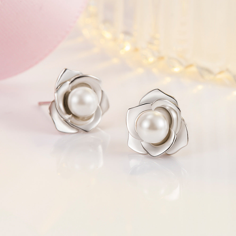 Women's Sier Camellia Pearl Light Luxury Flower Earrings