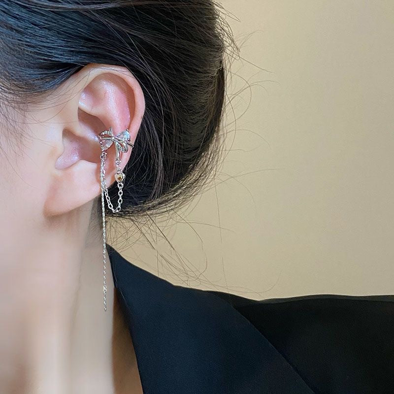 Zircon Bow Female Light Luxury Minority Design Sense Tassel Ear Clip