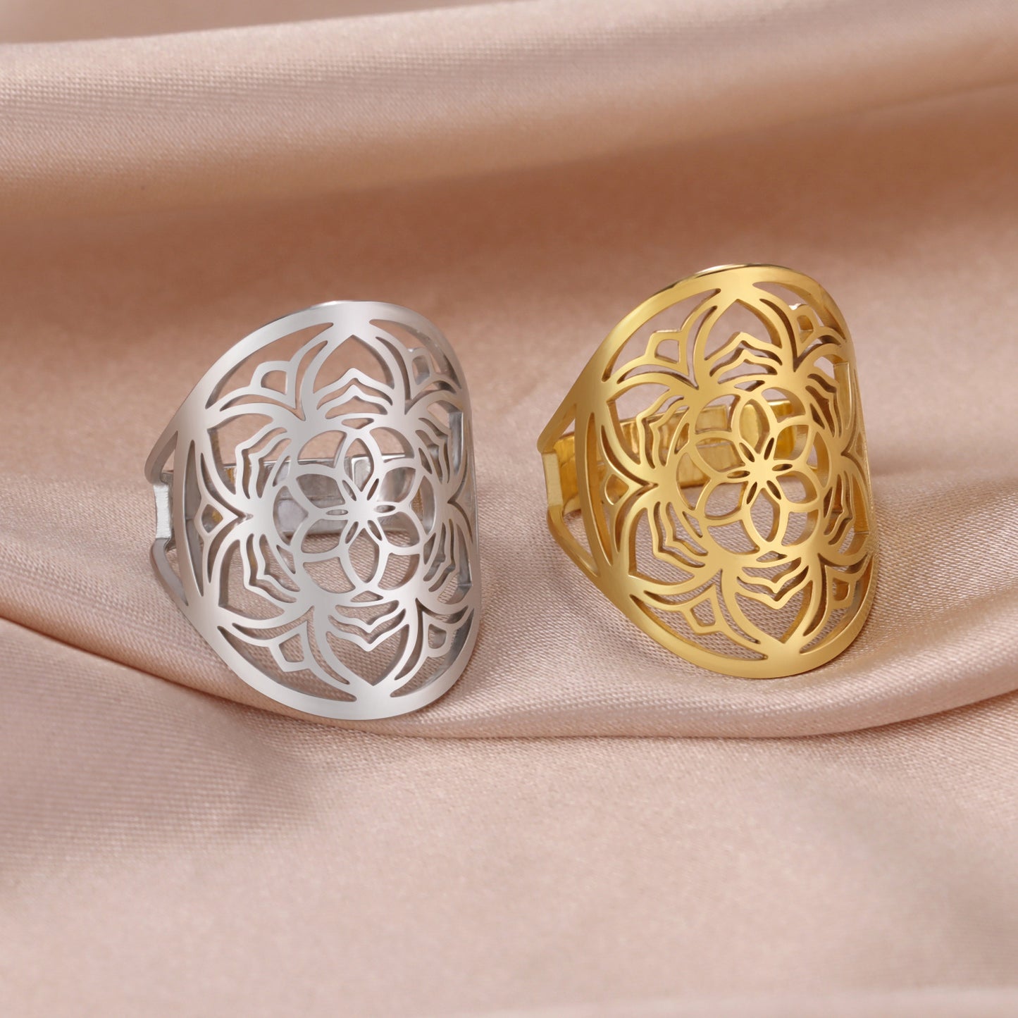 Small Titanium Steel Cut Hollow Exaggerated Hip Hop Hexapetalous Flowers Ring