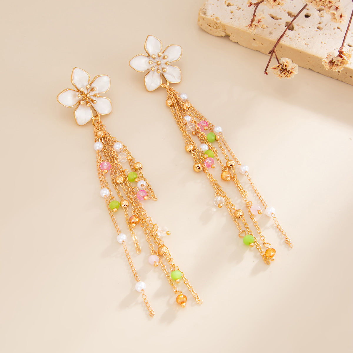 Sweet Fresh Holiday Imitation Pearl Tassel Pastoral Stud Earrings