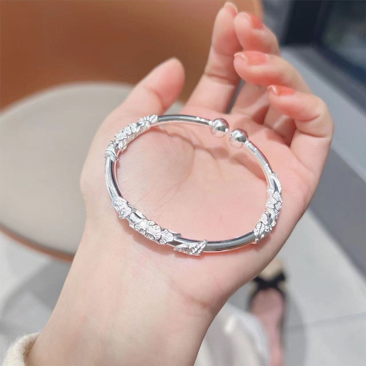 Silken Luxury Sier National Style Ethnic Filigree Couple Beads Open Bracelets