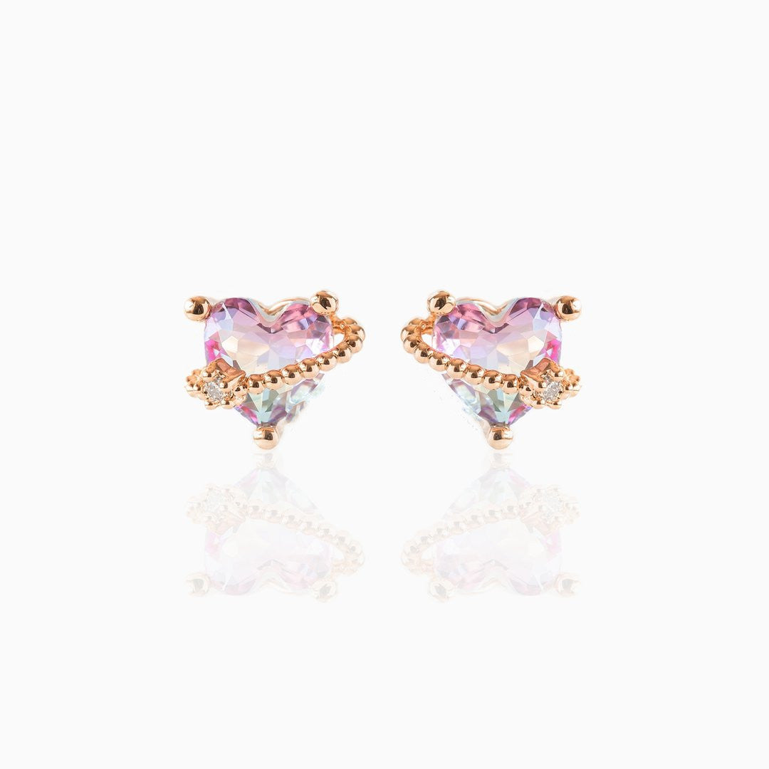 Pink Peach Heart Copper Plated Real Gold Color Stud Earrings