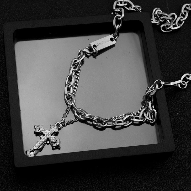 Personality Trendy Diamond Cross Pendant Titanium Steel Hip Hop Necklaces