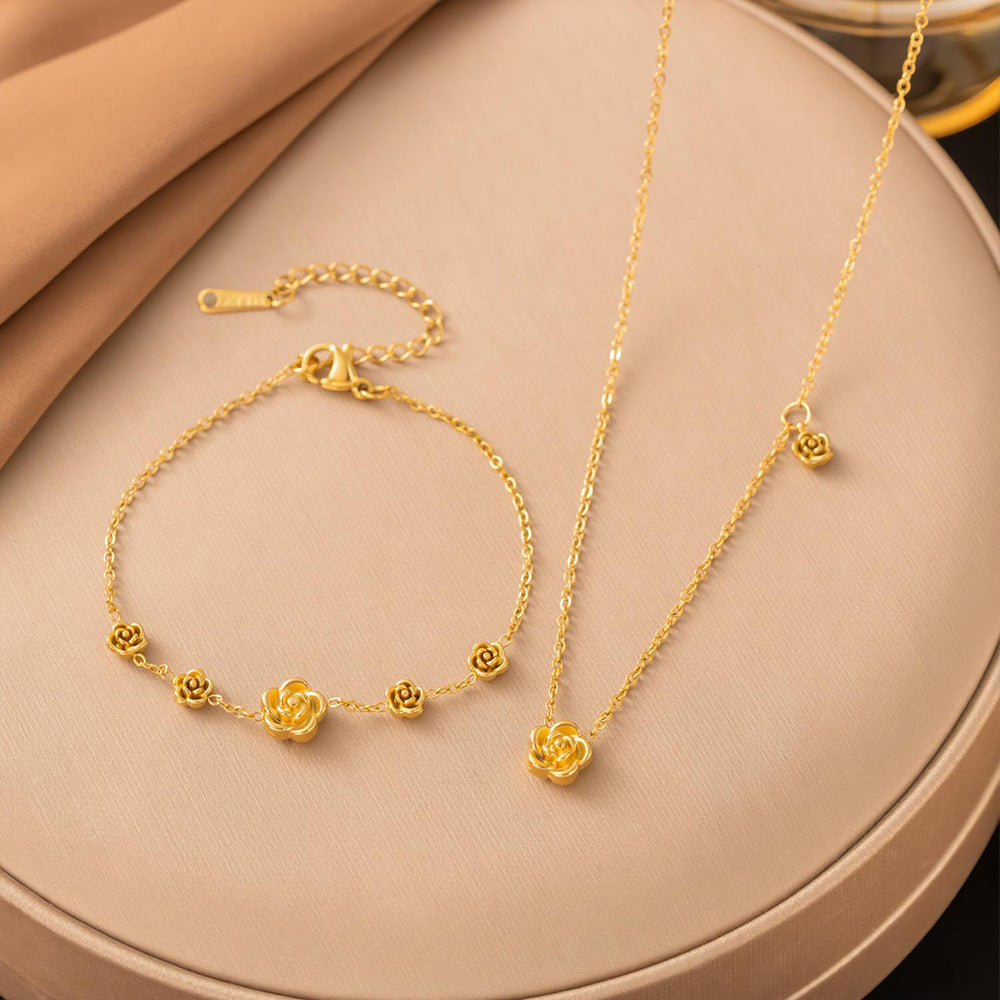 Women's Titanium Steel Rose Niche Flower Clavicle Jewelry Set