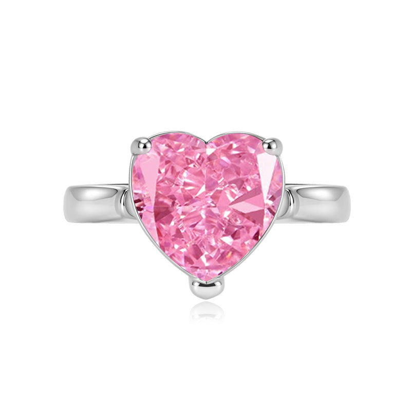 Live Pink Heart-shaped Navy Blue High Carbon Diamond Ice Flower Ring