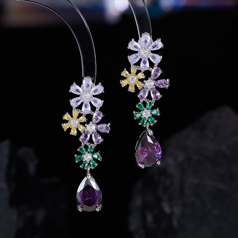 Style Color Zircon Flower Suite Temperament Wild Earrings