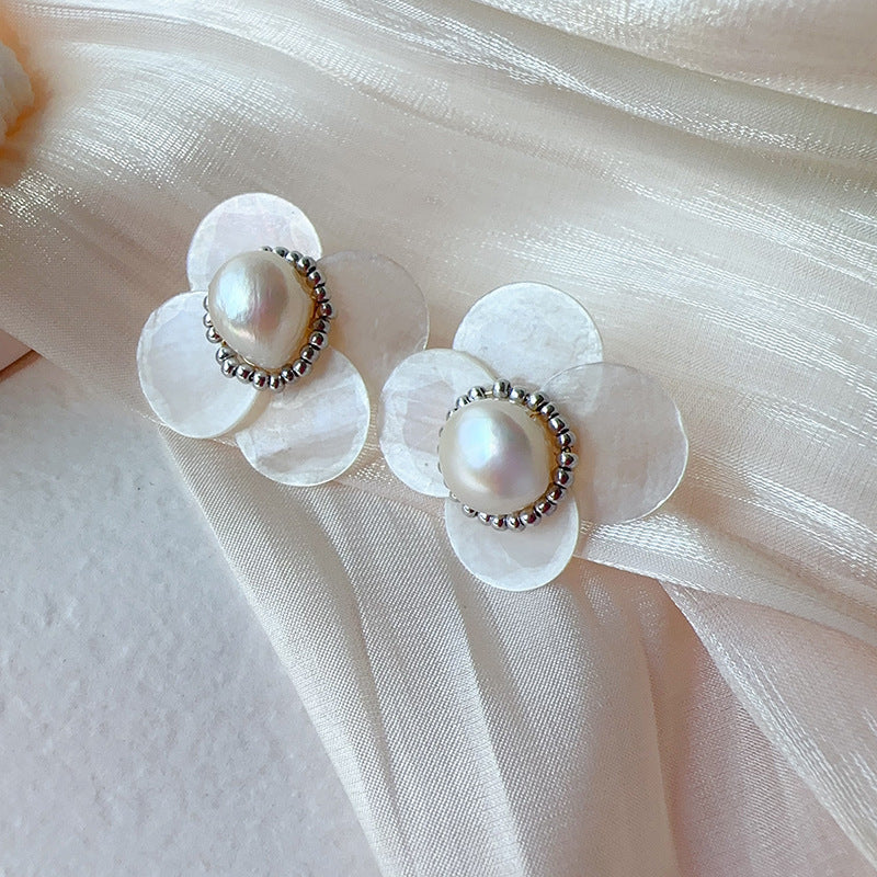 Camellia Freshwater Pearl Shell French Elegant Bobby Earrings