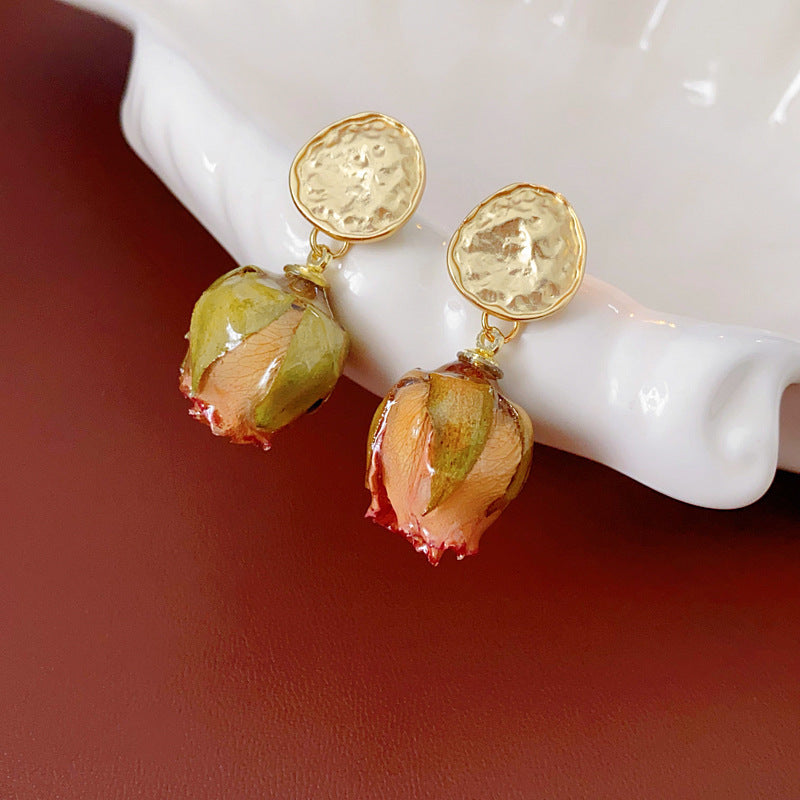 Women's Retro Handmade Real Flower Eternal Bud Sier Pin Fashionable Elegant Rings