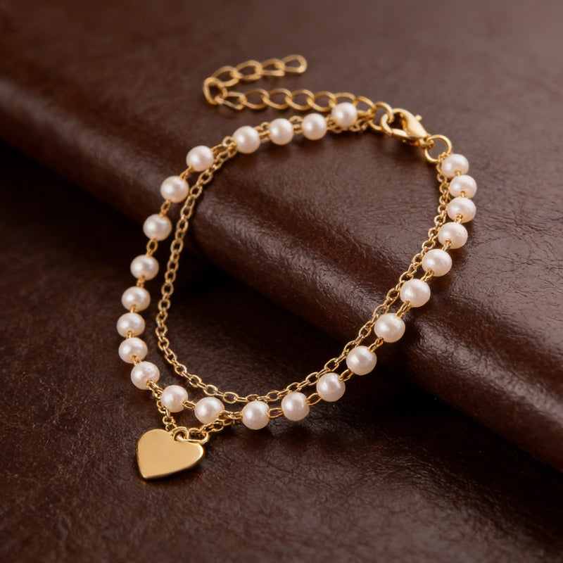 Women's Chain Style Simple Pearl Heart Alloy Bracelets