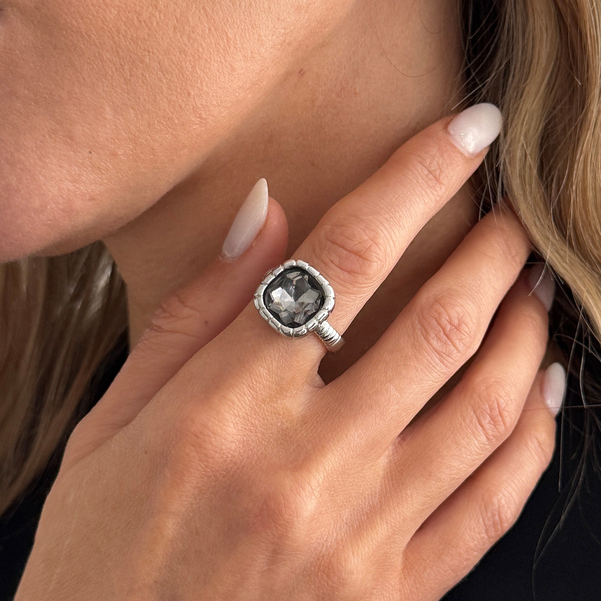 Minimalist Style Personalized Square Gray Diamond Open Ring