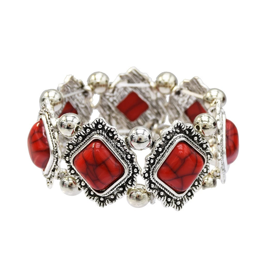 Fashion Retro Textured Hollow Inlaid Turquoise Bracelets
