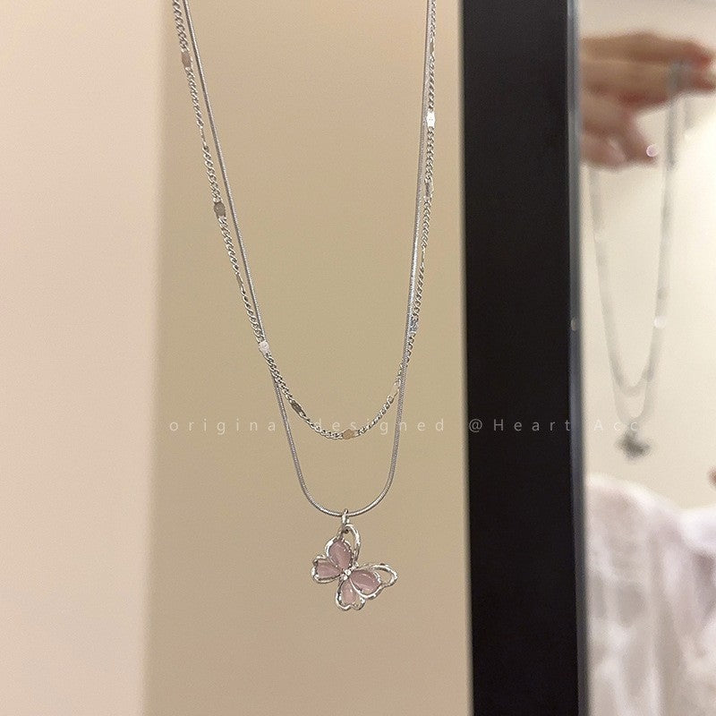 Rhinestone Butterfly Female Sense Light Luxury Temperament Niche Double Layer Necklace