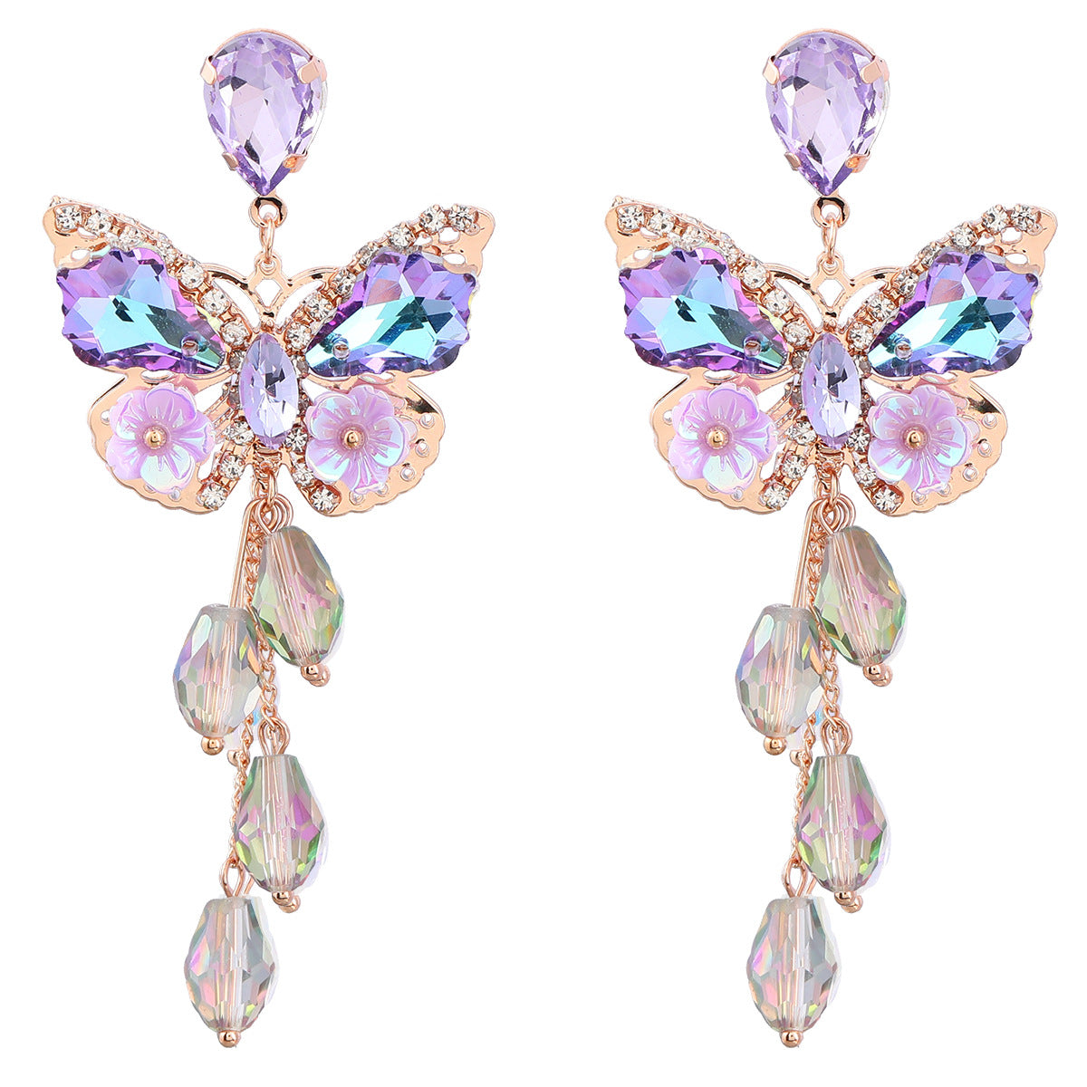 Exaggerated Alloy Diamond Butterfly Flower Long Earrings