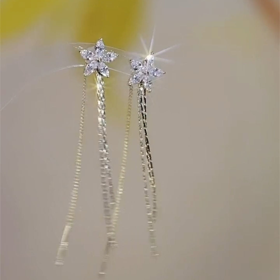 Women's Golden Long Zircon Flower Tassel Face Modification Versatile Earrings