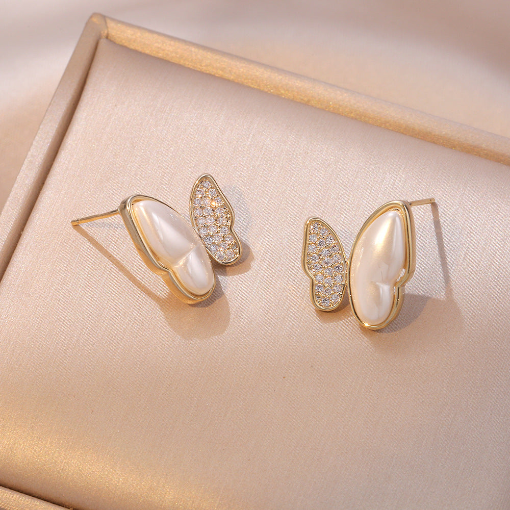 Boucles d'oreilles papillon asymétriques pour femmes, rétro coréen, diamant fritillaire