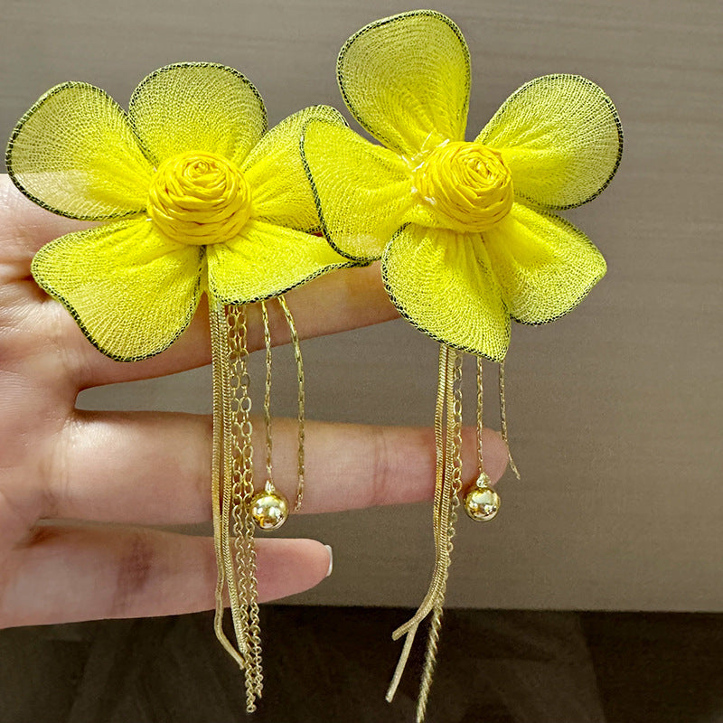 Western Style Yellow Tulle Flower Tassel Chain Long Elegant Wearing Earrings