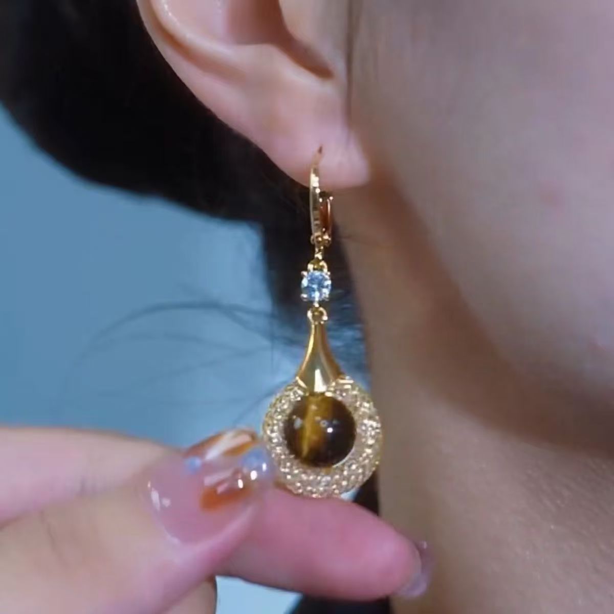 Winding Hollow Tigereye Chinese Style Female Light Luxury Minority Palace Earrings