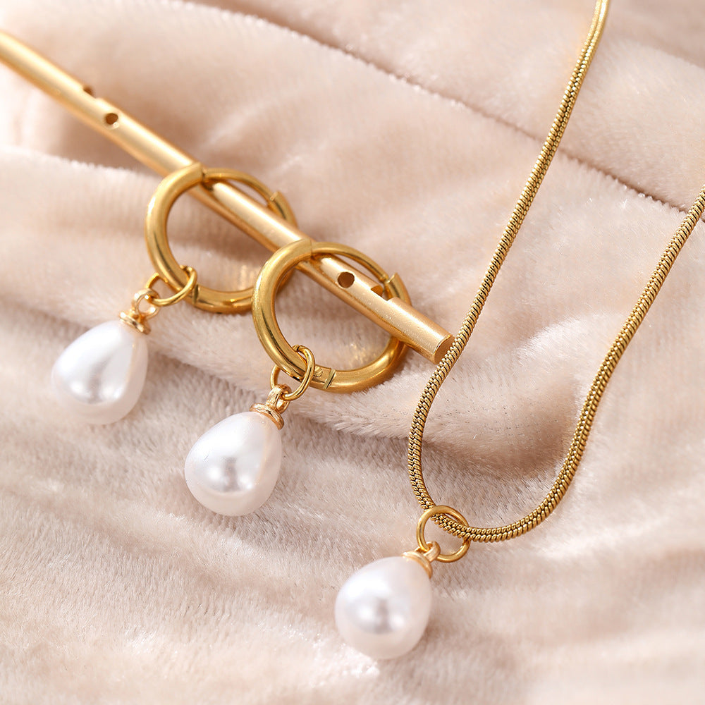 Stainless Steel Style High-grade Water Drop Pearl Suite Female Jewelry Set