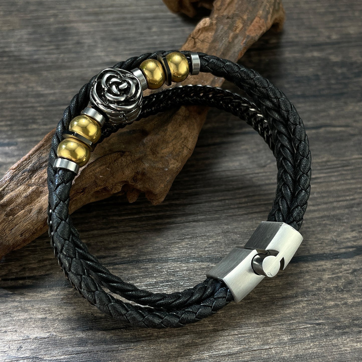 Men's Leather Stainless Steel Retro Punk Woven Bracelets