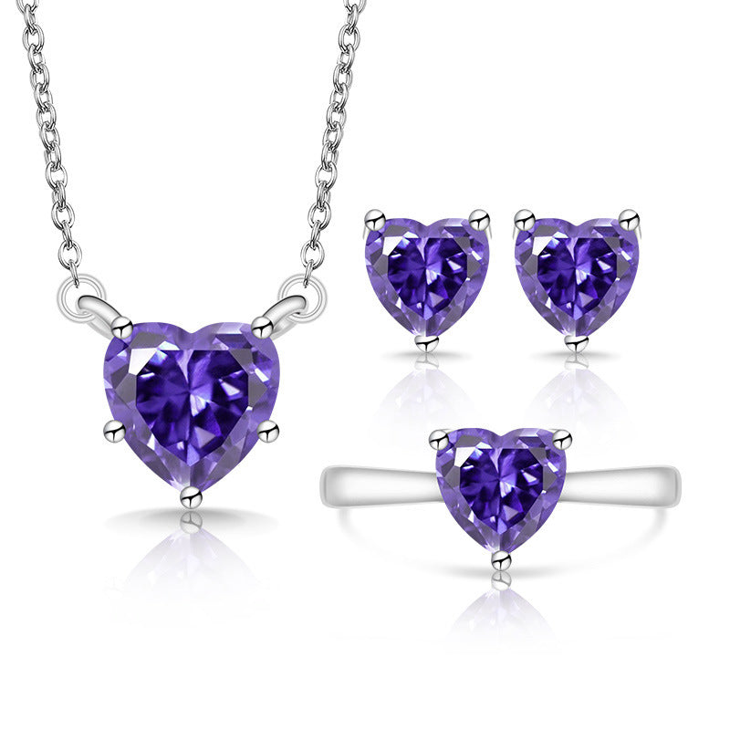 Fashion Trendy Heart-shaped Zircon Colored Gems Korean Style Love Crystal Jewelry Set