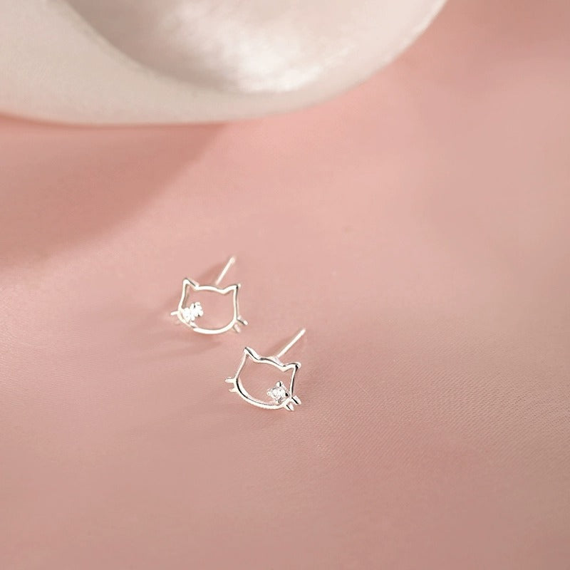 Women's Sterling Sier Cute Cat Ear Simple Temperament Hollow Kitten Pin Stud Earrings