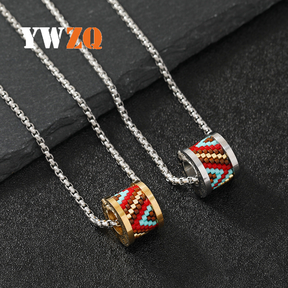 Ethnic Style Hand-woven Color Roman Characters Cylindrical Titanium Steel Necklaces