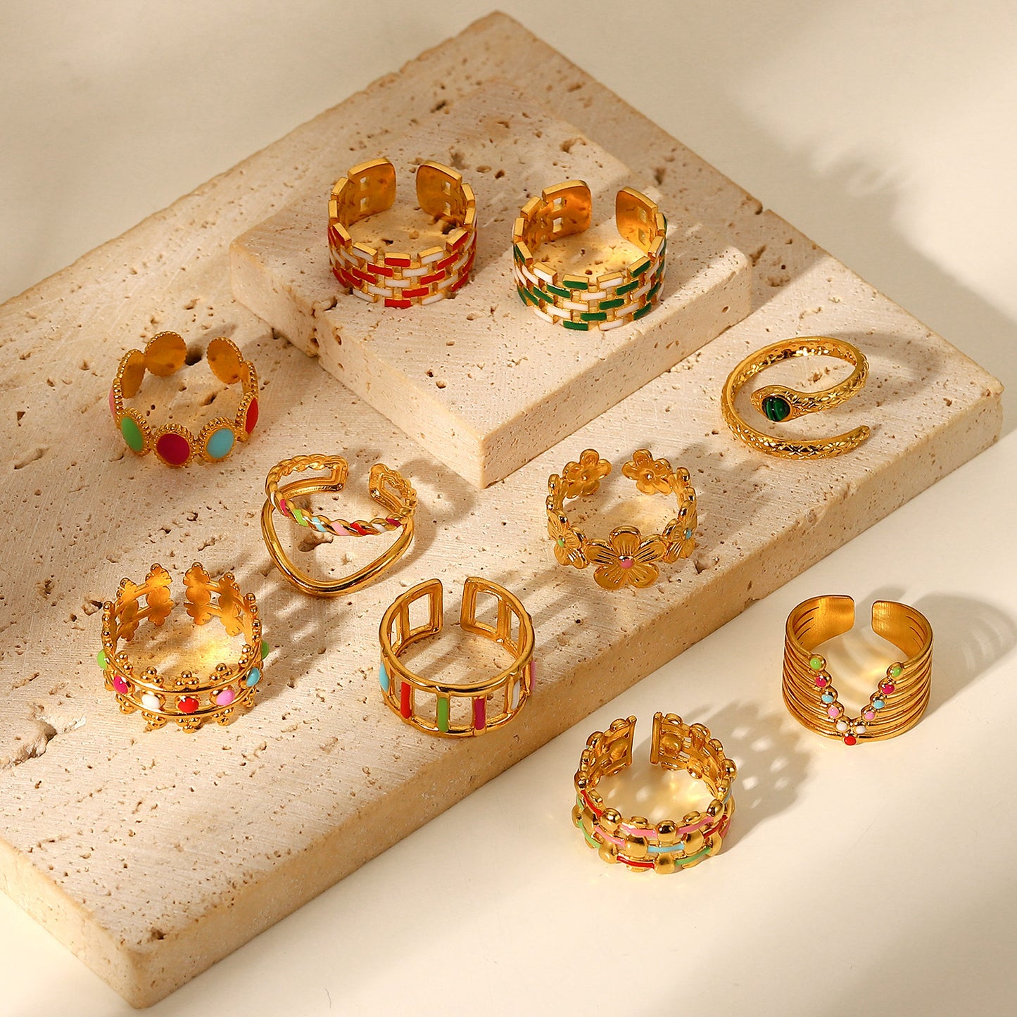Women's Gold-plated Stainless Steel Fashion Geometric Colorful Rings