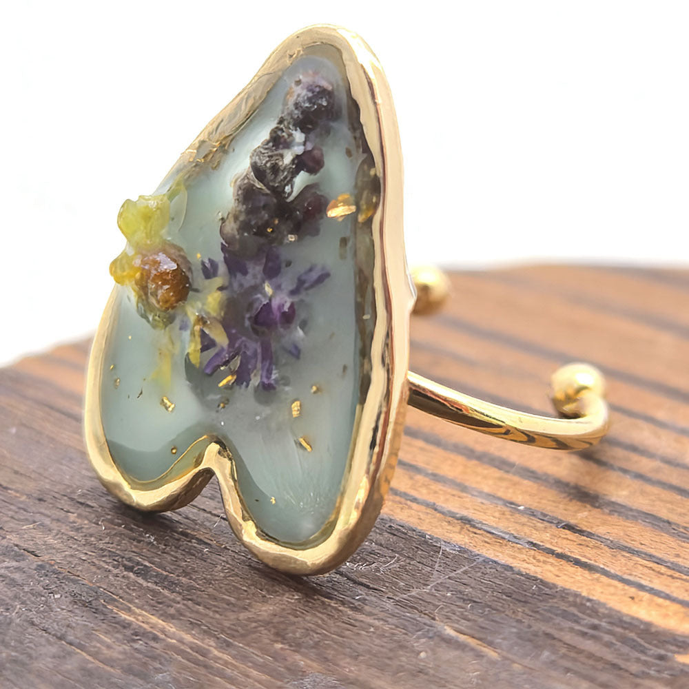 Dried Flowers Gypsophila Peach Heart Square Resin Stainless Steel Open Ring