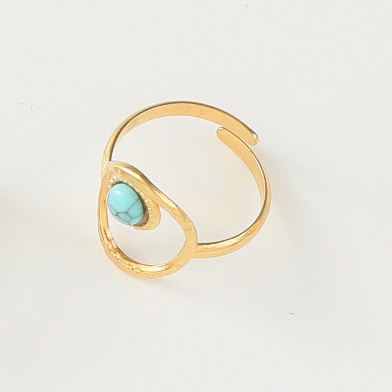 Stainless Steel Ladies Natural Stone Turquoise Shank Retro Ring