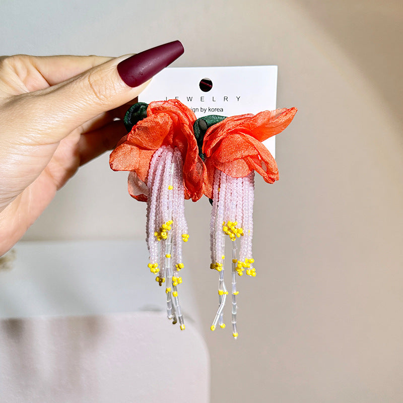 Bohemian Handmade Fabric Flower Long Fringe Earrings