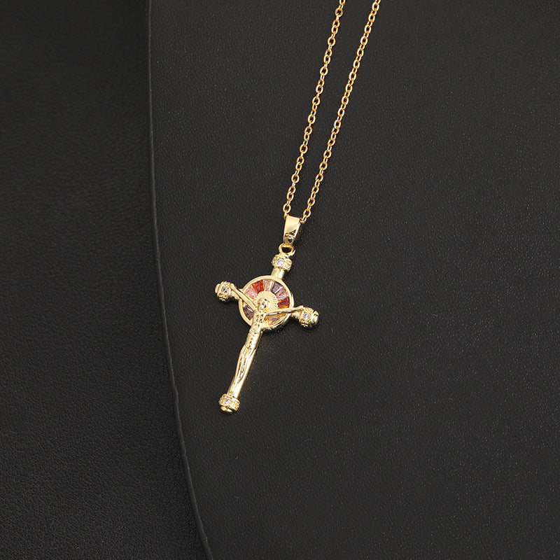 Color Zircon Cross Sweater Chain Advanced Necklaces