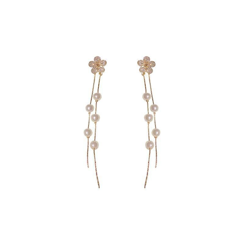 Women's Niche Design Zircon Flower Pearl Tassel Long Temperament Wild Earrings