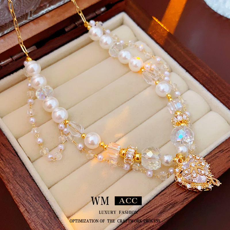 Women's Square Crystal Love Pearl Minority Fashion Necklaces