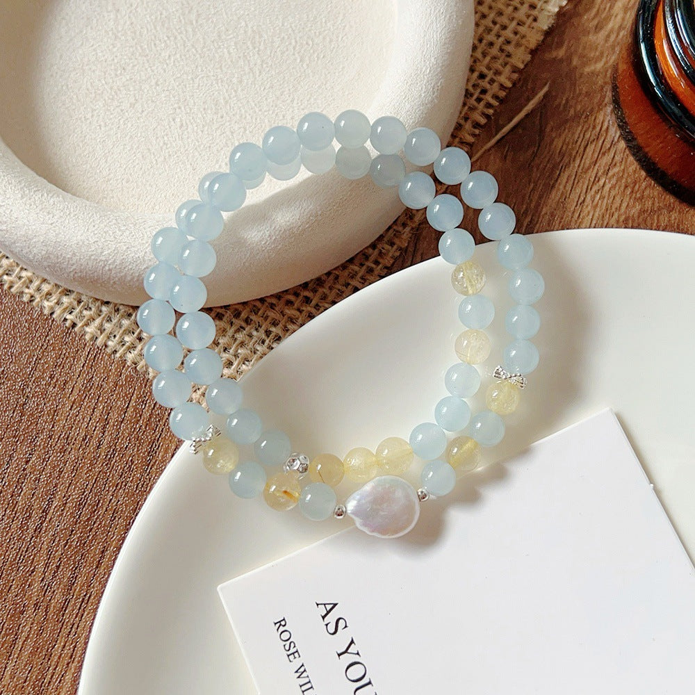 Aquamarine Crystal Korean Style High Sense Pearl String Beads Bracelet