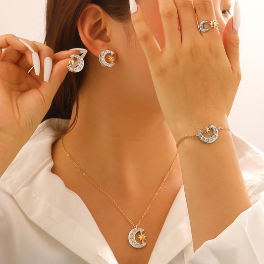 Copper Inlaid Zircon Sun Moon Female Jewelry Set