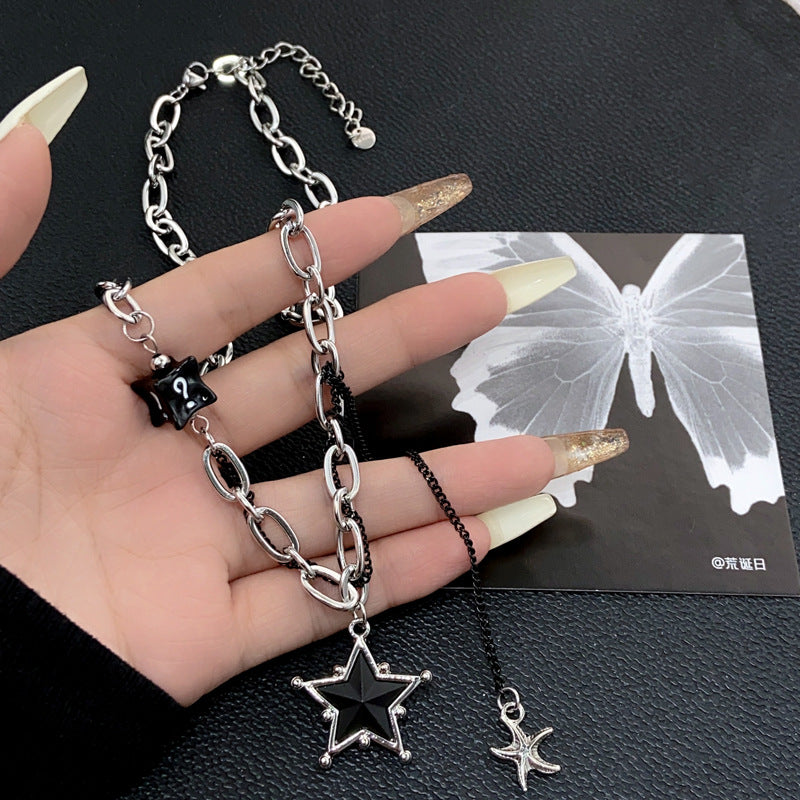 Women's & Men's Black Stitching Stars Clavicle Chain Hip Hop Design Necklaces