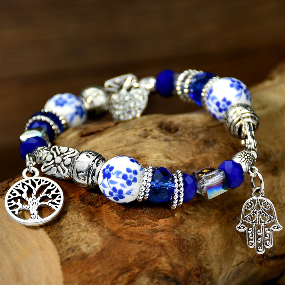 Bracelets en cristal de porcelaine bleue et blanche de style chinois pour femmes